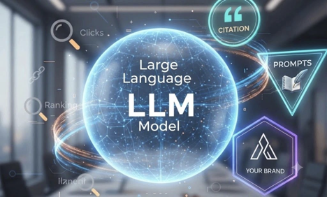 Illustration of a large language model connecting prompts, citations and brand visibility
